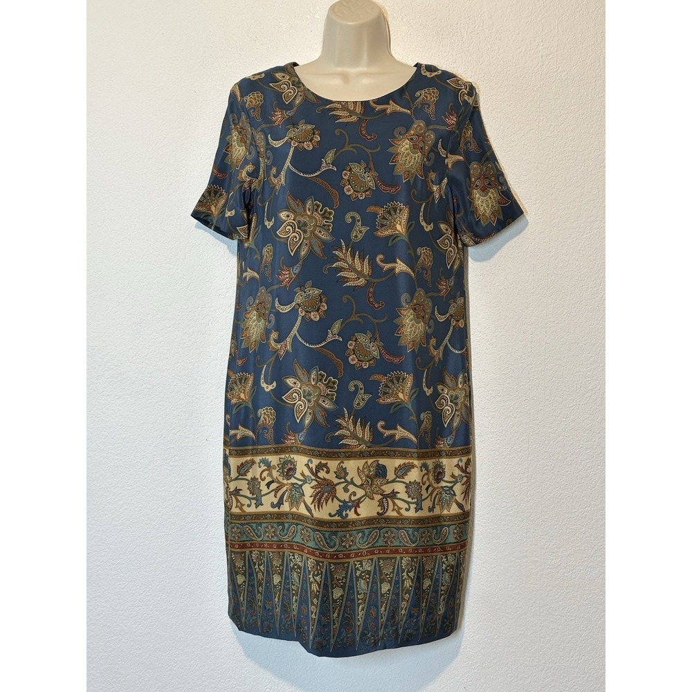 Vtg 90s Liz Claiborne Petite 16P Shift Dress Short Sleeve Batik Inspired Print